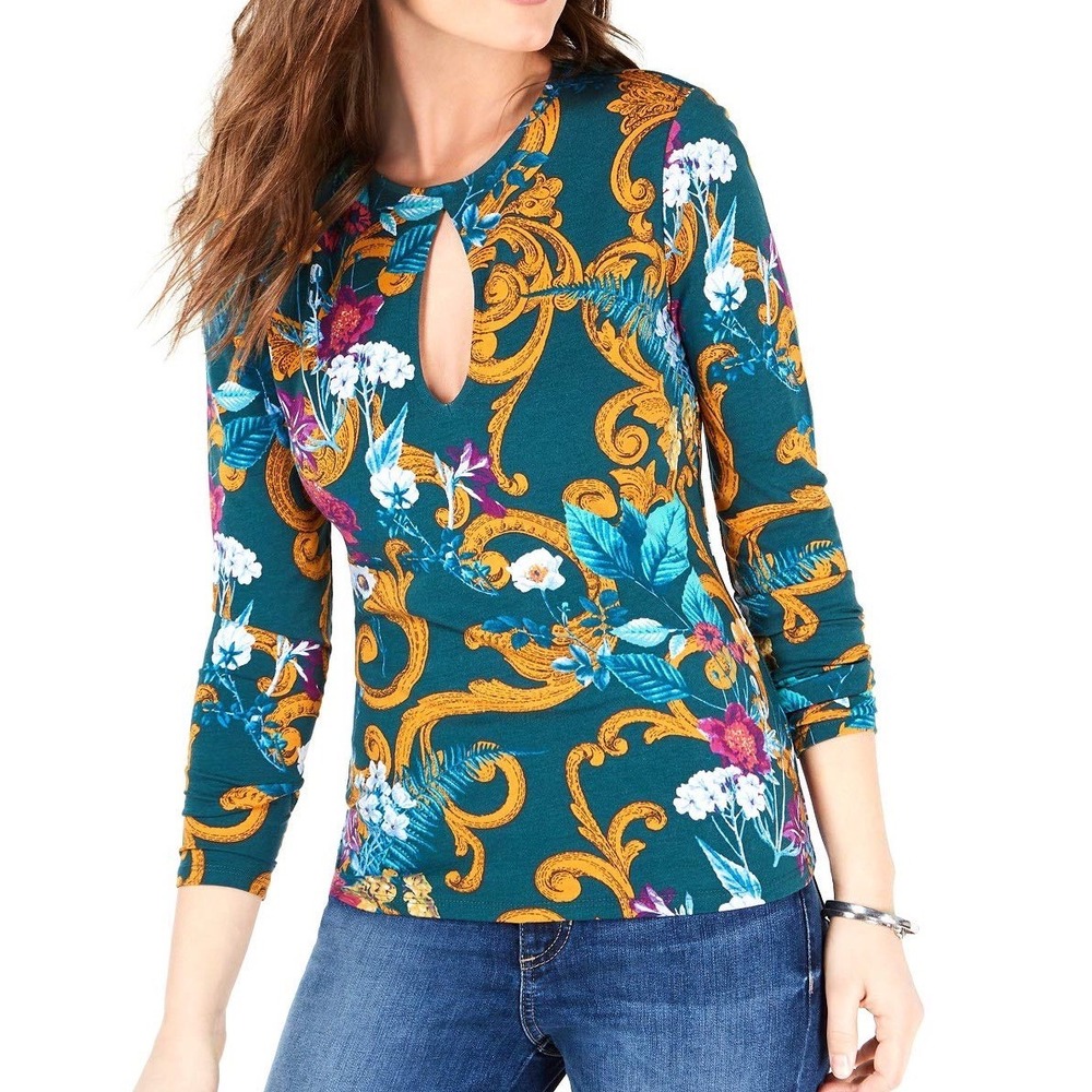 Guess Los Angeles Floral‎ Baroque Keyhole Long Sleeve Top Teal Gold Small
